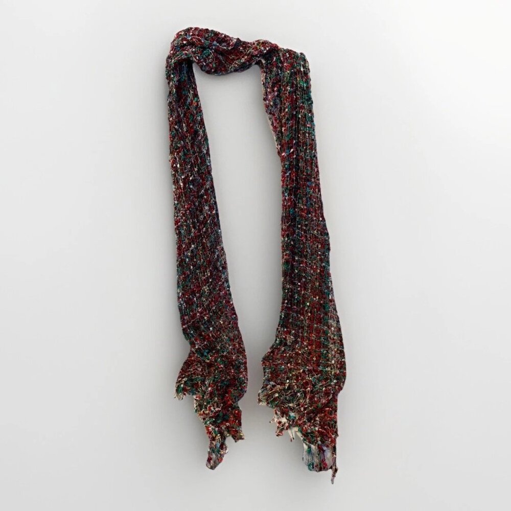 Stunning Confetti Scarf in Christmas Hues of Red Green Gold Open Weave 75 x 20